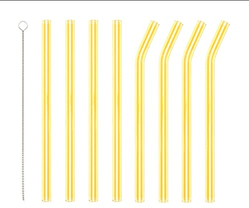 Cannucce gialle riutilizzabili con 1 spazzola per la pulizia, 4 curve e 4 cannucce in vetro dritte per cocktail, frullati o tè, rispettose dell'ambiente e sano.