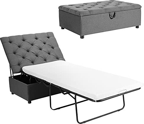 COSTWAY Folding Sofa Bed with Mattress, 2-in-1 Convertible Sofa Ottoman, Space-Saving Button Tufted Couch Sleeper Lounger Footstool for Living Room, Bedroom and Office (Grey)
