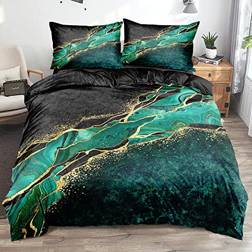 Luowei Bettwäsche 200x220 cm 3tlg Marmor Schwarz Grün, Mikrofaser | Oeko-TEX Atmungsaktiv Bettwäsche Set Modern Ästhetisches Design Bettbezug mit Reißverschluss und 2 Kissenbezüge 80x80cm