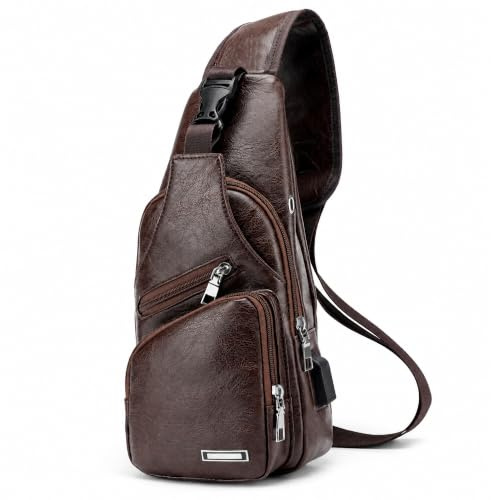 VARLIVOO Hombre Sling Bag Bolsos de Hombro con USB Port Bolsos Cruzados Bandolera Bolsa de Pecho Antirobo Crossbody Bolsa Ciclismo Gimnasia Viajar Impermeable PU Piel Marron Oscuro