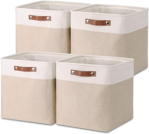 Mangata Collapsible Storage Cube Boxes, 28cm Cube Linen Woven Fabric Storage Baskets with Leather Handles 4pcs (Light Khaki and White)