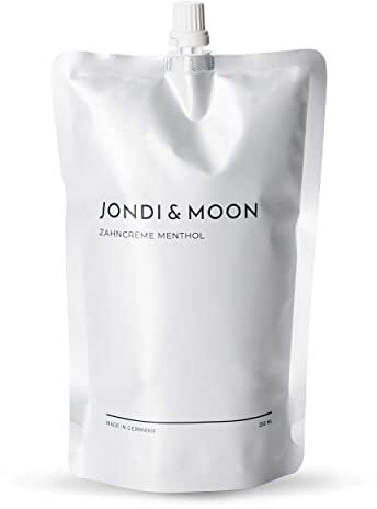 JONDI&MOON® Pasta de dientes mentol – 250 ml bolsa de recambio para dispensador de pasta de dientes recargable – Ingredientes naturales, vegano, con fluoruro – Para dientes blancos, sabor fresco a