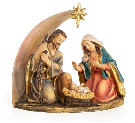 Logbuch-Verlag Piccola natività in resina, 12 x 11,5 cm: presepe decorativo Natale casa, statuina Sacra Famiglia, decorazione natalizia tavolo, addobbo elegante marrone oro