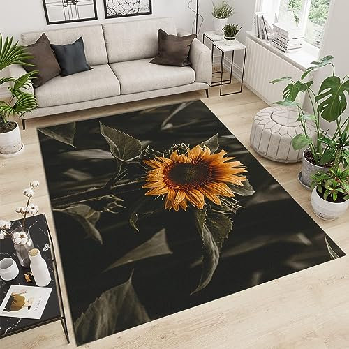 TEMLAN Einsame Sonnenblume Teppiche Gegend, Vintage Dschungel-Sonnenblume Kinderteppich für Drinnen und Draußen Terrasse Balkon Garten Wohnzimmer 80 x 150cm