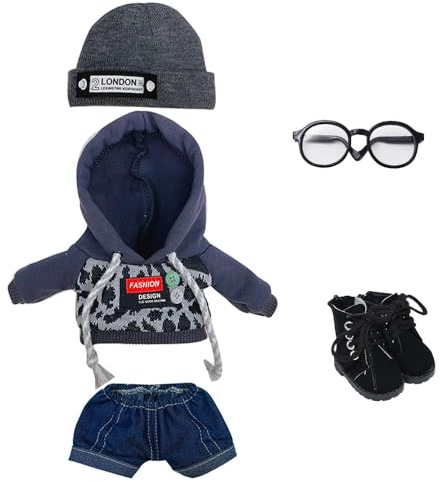 niannyyhouse 20 cm Puppenkleidung, Hut, Leopardenjacke, Jeans, Brille, Schuhe, 20,3 cm, Plüschpuppenzubehör (schwarz)