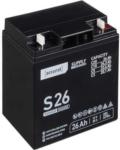 Accurat Supply AGM Solarbatterie S26-12V, 26Ah, 30% mehr Kapazität, zyklenfest- VRLA Versorgungsbatterie, Aufbaubatterie Wohnmobil, Wohnwagen Batterie, Bootsbatterie, Bleiakku für Camping