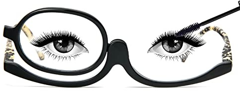 MMOWW Makeup Reading Glasses, Magnifying Makeup Glasses with Flip-Down Single Lens for Womens, Folding Design Reading Glasses Rotating Glasses (Black, +2.0)