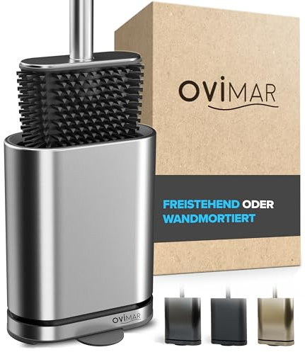 ovimar Toilettenbürste Omofyr | Silber | Silikon Klobürste | WC Bürste mit Belüftung | Edelstahl | abnehmbare Tropfschale | nur 6cm breit| stehend oder Wandbefestigung im Badezimmer