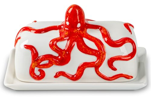 Red Octopus Ceramic Covered Butter Dish with Lid for Countertop & Fridge | Glazed ceramic butter dish with lid keeps butter sticks fresh on countertops while adding whimsical red octopus coastal decor