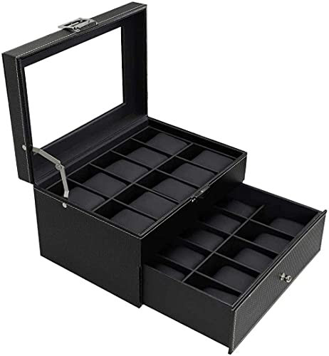 ARICCI Automatische Uhrenbewegerbox, doppelschichtige Uhrenbox, Glasdeckel, 20 Slot-Uhrenbox-Display-Organizer, Uhrenaufbewahrungsbox aus Kohlefaser-Leder vision