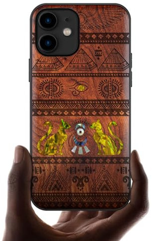 Carveit Étui pour iPhone 11 Coque [Gravure en Bois et Incrustation de Coquille] Cover Compatible avec Apple 11 Luxe et Case Etui Bois (Rosé-Les Symboles de l'Égypte)