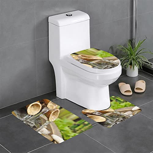 Badematten-Set, Bambus-Wasserfall-Druck, Flanell, rutschfest, 3 Stück, 60 x 40 cm, Badezimmerteppich-Set – Badematte + U-förmiger WC-Vorleger + O-förmiger WC-Sitzbezug
