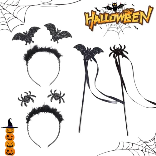 XLZJYIJ 4 PCS Halloween Haarreif Set, Halloween Spinnen Stirnband und Fledermaus Haarband mit Zauberstab, Halloween Spinnen Stirnband mit Plüsch & Glitzereffekt für Halloween Karneval Kostüm Party