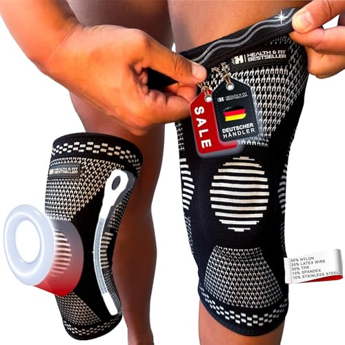 Kniebandage HEALTH & FIT – Kompressions-Knieschoner mit Gel-Pad & Federstützen. Schmerzlinderung bei Meniskus, Arthritis & Bänderdehnung. S