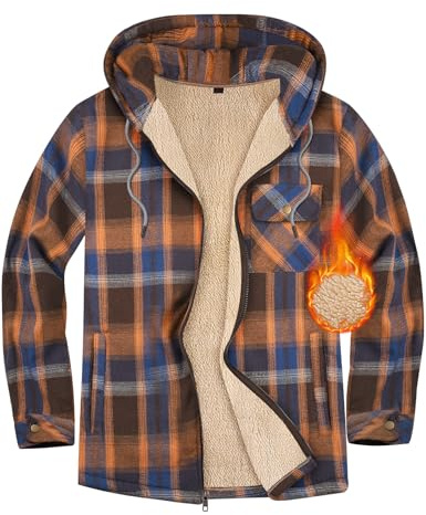 Xnova Homme Veste Chemise Flanelle à Carreaux d'hiver, Thermique Blouson Hoodies Manches Longues Sweatshirt Zippé Décontractée, Chaud Polaire Sweat Jacket à Capuche Manteau Coats (Orange, L)