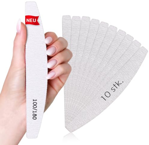 Profi Nagelfeile 10 Stück für Gelnägel 100/180 Grit Zebra Halbmond · Zwei versch. Körnungen · Gebogene Nagelfeile für Gelnägel · Abgerundete Seite für eine bessere Handhabung · Lynis-Nailshop.de