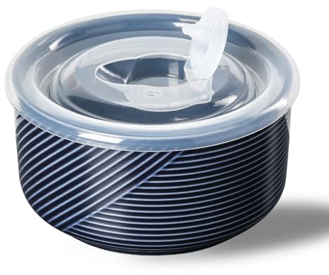 Adewnest Keramisk skål med lock: Marinblå 59 ml mikrovågsugn och ugn säker soppskål med lock – perfekt för måltider, lunch, picknick och camping – stapelbar, diskmaskinssäker – 1 st