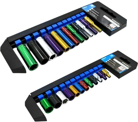 Dunnet Tools Deep and Standard 1/2 Socket Sets 20pc Coloured Deep Socket Set 1/2 Inch Heavy Duty Hex Bit Socket Set On Storage Rail Metric 13-24mm Tool Set Plumbing Electrician Mechanic Tools