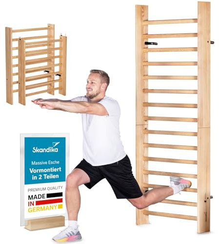 Skandika Vira Sprossenwand Holz | vormontiert, Sprossenwände für Erwachsene, Made in Germany, Esche Massivholz aus Deutschland, 218 x 85,5 cm, bis 130 kg | Turnwand Fitness, Indoor Kletterwand Sport