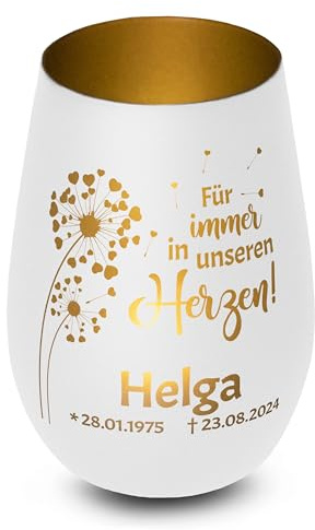 Elegantes personalisiertes Windlicht aus Glas in Weiß-Gold Für Immer in unserem Herzen Gedenklicht für Verstorbene mit Gravur, Geschenk für Trauernde - Trauerlicht personalisiert mit Namen