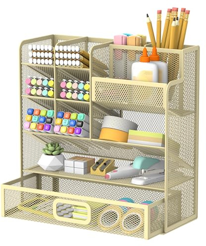 SUPEASY Schreibtisch Organiziers und Zubehör, Metall Mesh Stift Halter für Schreibtisch mit Schublade, 12-Fach Multi-Functional Bleistift Organizer (Golden Yellow)