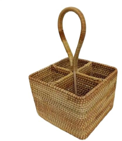 Wicker Basket - Picnic Box, Eggs Candy Basket | Natural Hand Woven Storage Picnic Accessories, Long Handle 4 Compartments Rattan For, Bottle, Cutlery, Cooking Utensils
