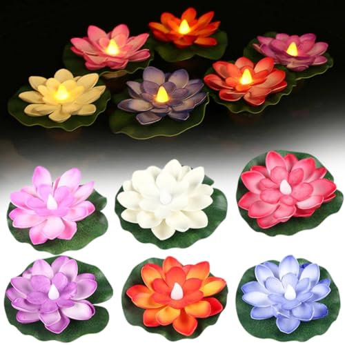 Luces flotantes para piscina, 6 piezas de decoración de flores de loto, luz de flor de loto, flores flotantes, lirio de agua, luces flotantes de piscina para decoración de estanques, luz de loto