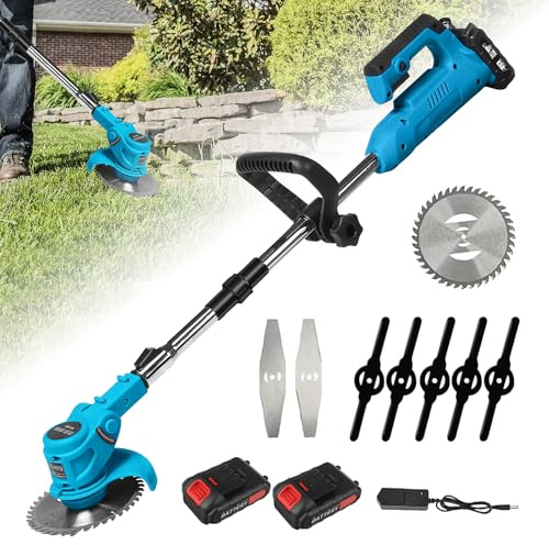 21 V Rasentrimmer, kabellos, mit Akku, Schnittdurchmesser: 15 cm, verstellbare Länge: 95 – 135 cm, für Rasen, Garten (2 x Akkus, 1 x Ladegerät)