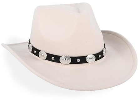 MYKAGS Cowboyhut für Damen und Herren, Klassischer Filzhut mit breiter Kante, Western-Cowboyhut für Damen mit Gürtelschnalle, Outdoor-Cowboyhuts, Verstellbarer Outdoor-Hut mit formbarer Krempe, Beige