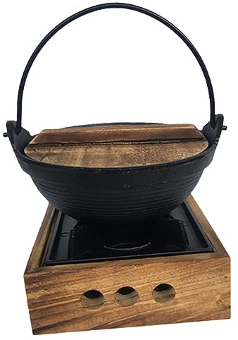 ULTECHNOVO Marmite à Soupe Japonaise Pot De Fondue En Fonte Petit Modèle Artisanal Fer Massif Suspendu Pour Camping Randonnée Pêche Avec Support En Bois