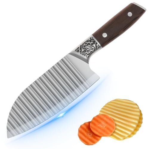BOBASH Crinkle Cutter Knife, 304 Stainless Steel Potato Chipper with Ergonomic Wooden Handle, Wavy Slicer Chopper for Effortless Homemade French Fries, Chips, Veggies, Carrots & Salads