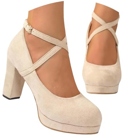 Bombas Para Mujeres, Zapatos De Tacón De Correa De Tobillo Cruzado Con Correas Elegantes Zapatos Baile Zapatos Bajos Del Dedo Del Pie Cerrado Bailarina De Tacones Altos Para Bodas,Beige,39 EU
