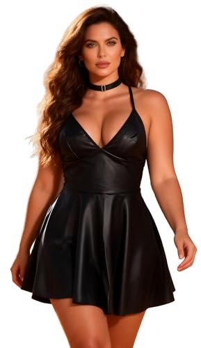 sunshinelady Lederkleid Damen Kleid Sexy Große Größen Dessous mit Halsband | PU Minikleid V Ausschnitt Rückenfrei Unterwäsche Lackkleid für Mollige Shiny Dress Lingerie Women