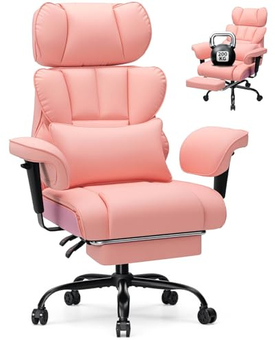 HOFFREE Ergonomischer Bürostuhl für schwergewichtige Personen bis 200kg – PU Leder Chefsessel mit Fußstütze, Hoher Rückenlehne, Verstellbaren Armlehnen und Lendenwirbelstütze in Rosa