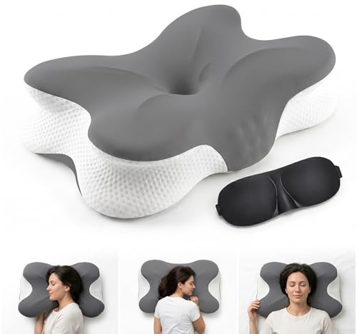 Cervical Memory Foam Neck Pillow Ergonomic for Neck and Shoulder pain support, ideal for Back,Side and Stomach sleeper 2-Height Cooling | Eye Mask