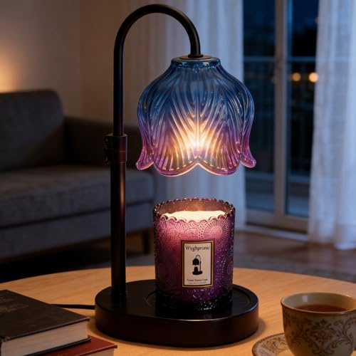 Flower Candle Warmer Lamp, Timer & 4-Level Dimmer, Adjustable Height | Flameless Electric Wax Warmer for Jar Candles, Wooden Base,Blue, Gift for Mom & Women, Birthday & Housewarming