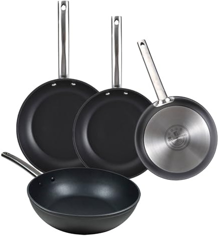 Juego de 3 Sartenes Ø24Ø28Ø30cm + Wok Ø28cm en Aluminio forjado aptas para inducción color Negro FOODIES MasterPRO