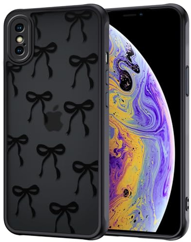 XTCASE für iPhone X/XS Hülle, Aesthetic Motiv Schleifen Muster Handyhülle mit Vollständiger Kameraschutz Anti-Fingerabdruck Matt Transluzente Rückseite Stoßfest Kratzfest Case, Schwarz