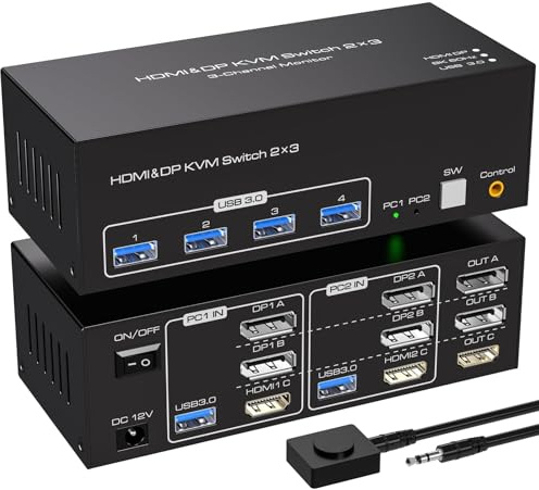 VPFET 8K60Hz KVM Switch 2 PC 3 Monitore 2 Displayport HDMI Triple Monitor | 4K144Hz KVM Switches für 2 Computers Share 3 Monitore mit 4 USB 3.0 Ports Inklusive 2 USB 3.0 Kabeln und Externer Steuerung
