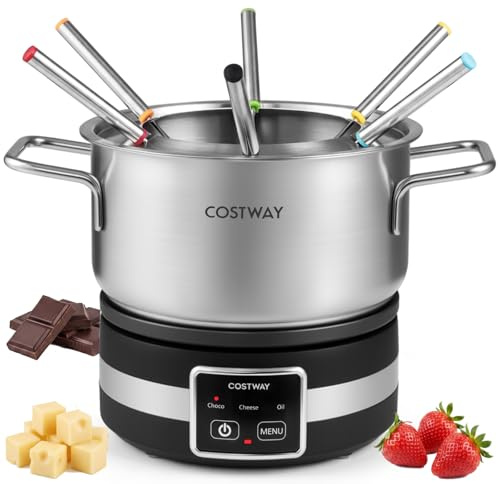 COSTWAY Electric Fondue Set, 1200W Electric Fondue Maker with 2.1L Removable Stainless Steel Pot, 6 Color-Coded Forks & Adjustable Temperature, Cheese Chocolate Fondue Pot Sets, Dishwasher Safe