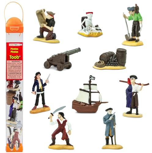 Safari Ltd. Pirates TOOB – 10 figurer: pirat med pinnben, dampirat, skelett, kanonbollar, kanon, piratskepp – pedagogiska leksaksfigurer för pojkar, flickor och barn i åldrarna 3+