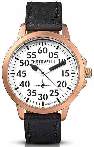 chotovelli Reloj Piloto para Hombre,Esfera Blanca, Correa de Piel Italiana -3000.4