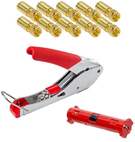 HB Digital 10 Stück Profi Kompressionsstecker vergoldet + Kompressionszange + Abisolierer für SAT Kabel, Koaxialkabel mit Durchmesser Ø 6.8 – 7.2 mm