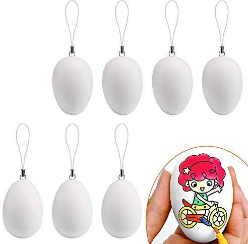 Naler 24 Stück Weiße Ostereier zum Bemalen aus Kunststoff mit Aufhänger, 6cm Deko Eier Osterdeko Set inkl. Organzabeutel, DIY Basteln für Kinder & Ostern Dekoration