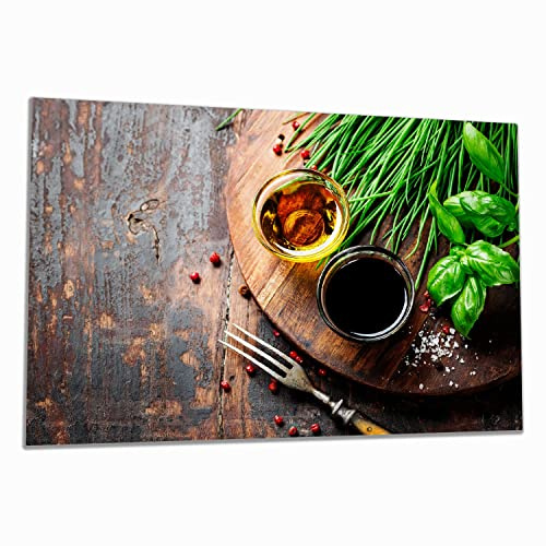 Wallario Herdabdeckplatte/Spritzschutz aus Glas, 1-teilig, 80x52cm, für Ceran- und Induktionsherde, Kräuter, Öle und Gewürze auf einem Holzbrett