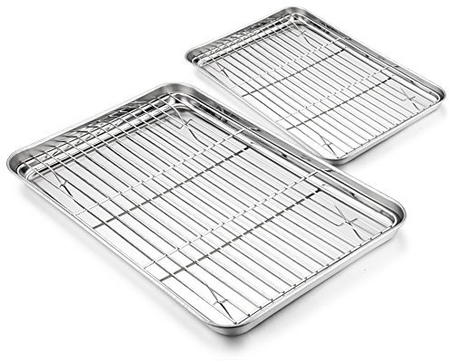 HaWare Baking Tray with Rack Set - 4 Pack (2 Trays+2 Racks), Stainless Steel Cookie Sheet Toaster Pan with Cooling Rack - Healthy & Non Toxic, Mirror Finish & Dishwasher Safe