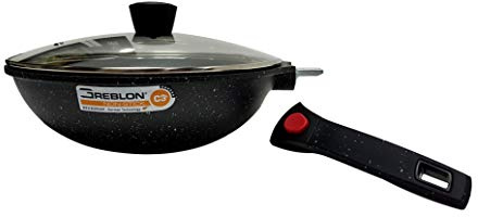 Cflagrant Wok 28 cm Façon Pierre Induction avec Couvercle Cuisson sans Matière Grasse Revêtement sans PFOA en Greblon C3 de Technologie Allemande (Poignée Amovible)