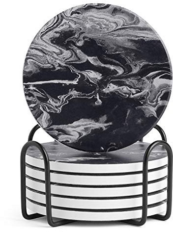 LIFVER Coasters Set of 6, Coasters for Drinks Absorbent Stone with Holder, Black Marble Style Ceramic Drink Coaster for Tabletop Protection, Coffee Table Decor Ideal for Home Decor House Warming Gifts