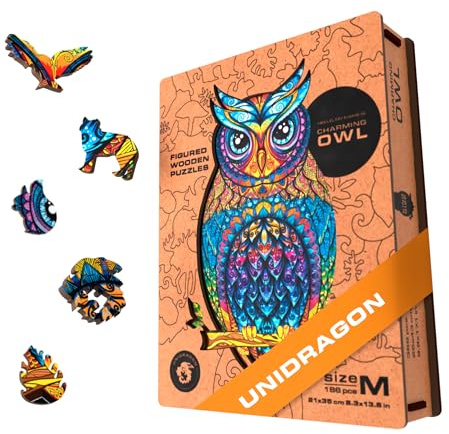 UNIDRAGON Original Holzpuzzle — Charmante Eule, 186 Teile, Mittel 8.3 x 13.8 Zoll (21 x 35 cm) Schöne Geschenkverpackung, Einzigartige Form Erwachsene und Kinder