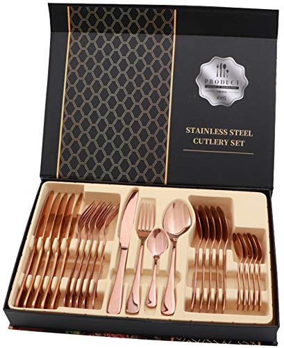rismart 24 pièces Acier Inoxydable Couverts Argenterie Set de Posate Compris Couteaux Fourchettes cuillers à Soupe cuillers à Desserts,Or Rose